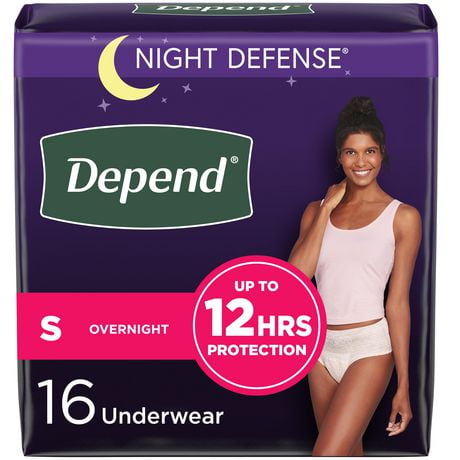 Sous-vêtements d’incontinence pour adultes Depend Night Defense pour femmes, jetables, de nuit, petits, roses, 16 unités (l’emballage peut différer). 16 Unités