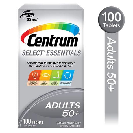 Centrum Select Essentials Adults 50+ Multivitamin and Multimineral Supplement Tablets, 100 Count, 100 Tablets