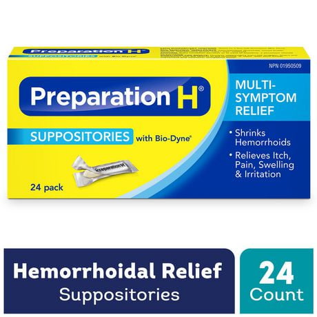 Preparation H® Suppositories (24 Count), with Bio-Dyne®, Multi-Symptom Hemorrhoid Pain Relief, 24 Count
