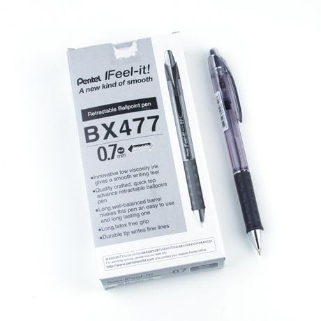Pentel Feel-It!, Low Viscosity, Retractable Ballpoint Pen, Black Ink, Metal Tip, 0.7mm, Box of 12