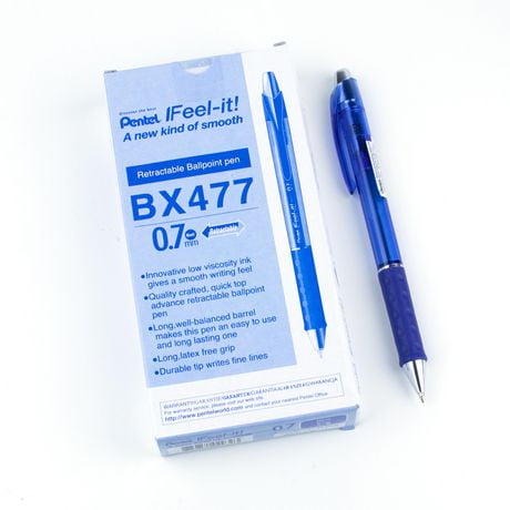 Pentel Feel-It!, Low Viscosity, Retractable Ballpoint Pen, Blue Ink, Metal Tip, 0.7mm, Box of 12