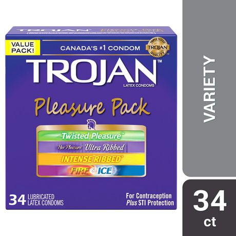 Assortiment Trojan Plaisirs variés condoms lubrifiés 34 condoms lubrifiés en latex