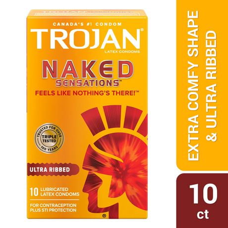 Trojan Naked Sensations Ultra Ribbed Lubricated Condoms, 10 Lubricated Latex Condoms