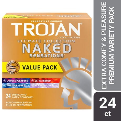Trojan Naked Sensations Ultimate Collection Variety Pack Lubricated Condoms, 24 Lubricated Latex Condoms