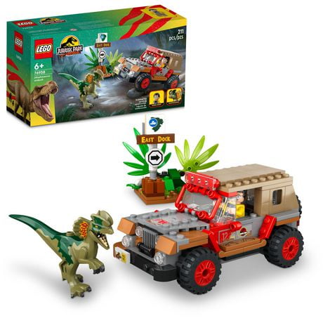 LEGO Jurassic Park Dilophosaurus Ambush 76958 Buildable Toy Set for Jurassic Park 30th Anniversary, Dino Toy for Christmas with Dinosaur Figure and Jeep Car Toy, Gift Idea for Ages 6 and up, Includes 211 Pieces, Ages 6+