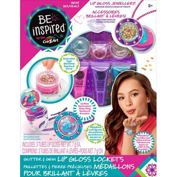 Cra-Z-Art Be Inspired Glitter and Gem Lip Gloss Lockets Wearable Makeup Jewelry Kit, Kids Makeup Craft Set, Ages 8 and up