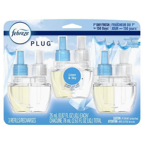 Febreze Odor-Eliminating Fade Defy PLUG Air Freshener Refill, Linen & Sky, (3) .87 fl. oz. Oil Refills