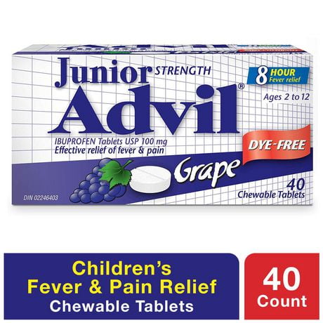 Junior Strength Advil Pain Reliever and Fever Reducer Ibuprofen Chewable Tablets, Grape, 40 Count, 40 count