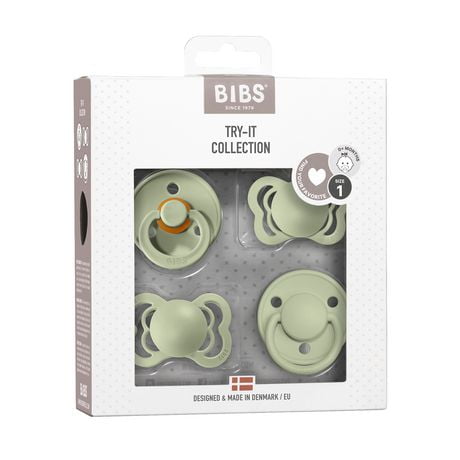 BIBS Pacifiers – Try-it Collection | Includes Colour, De Lux, Couture and Supreme Pacifiers | BPA-Free Natural Rubber & Silicone | Made in Denmark | Sage | 0 to 6 Months