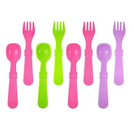 Re Play Made in USA Toddler Forks and Spoons, Pack of 8 Without Carrying Case - 4 Kids Forks with Rounded Tips and 4 Deep Scoop Toddler Spoons - 0.2" Thick Toddler Utensils, Butterfly