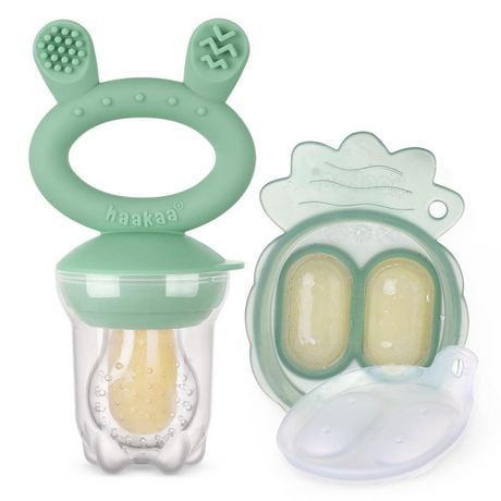 Haakaa Freeze-N-Feed Mini Combo with Silicone Food Feeder & Silicone Mini Nibble Tray|Baby Solid Food Self Feeder|Breastmilk Popsicle Mold Storage & Feeder for Soothing Baby Gums 1 PK (Pea Green), Premium Baby Popsicle Feeder