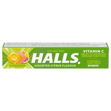 HALLS Vitamin C Assorted Citrus, Supplement Drops, HALLS, Vitamine C, agrumes assortis, pastilles avec supplément