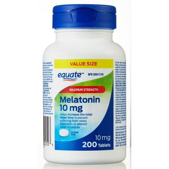 Equate Mélatonine 10 mg, Concentration maximale Mélatonine 10 mg,<br>200 Compirmés