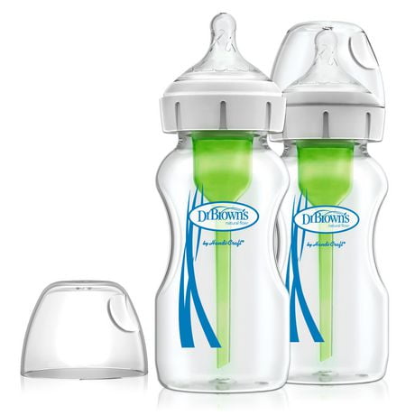 Dr. Brown’s Natural Flow Anti-Colic Options+ Wide-Neck Glass Baby Bottle 9oz/270mL, with Level 1 Slow Flow Nipple, 0m+, 2-Pack, 9oz, 2-Pack