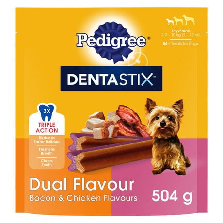 PEDIGREE DENTASTIX Oral Care Toy and Mini Breed Adult Dog Treats Dual Flavour Bacon & Chicken Flavours, 84 Treats, 504g