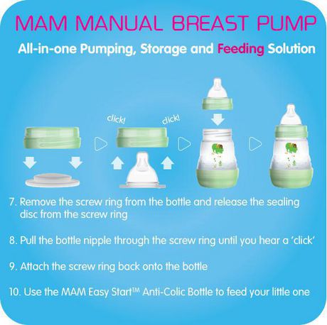 One Size 1Count MAM Manual Breast Pump Green Portable Breast Pump with Easy Start Anti-Colic Baby Bottle 