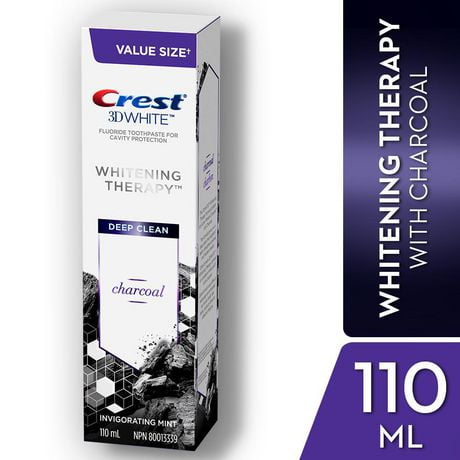 Crest 3D White Whitening Therapy Charcoal Deep Clean Fluoride Toothpaste, Invigorating Mint, 110 mL