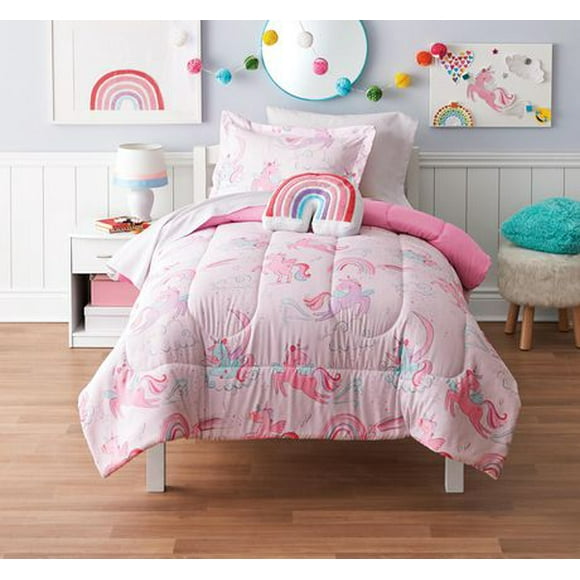 Mainstays Kids Pink Unicorn Bed in a Bag, Twin: 6 piece set & Double: 8 piece Set