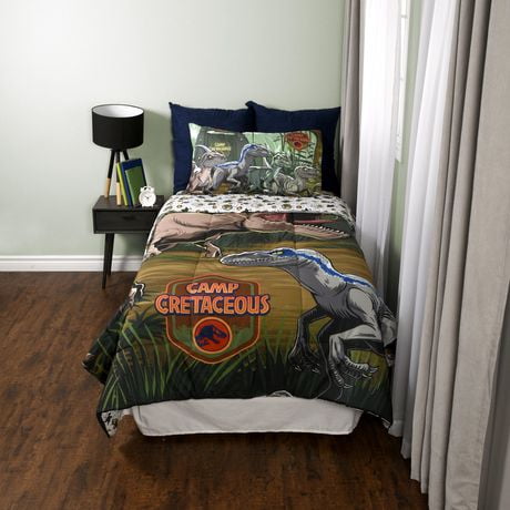 Jurassic Park 4 Piece Twin Bedding Set with Reversible Comforter, Fitted Sheet, Flat Sheet and Pillowcase