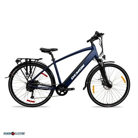 Demon Electric Vélo électrique de 27,5 pouces, moteur de 350 W, vélo électrique pour les adultes, 32 km/h, vélo électrique de ville Shimano 9 vitesses, Bleu marine