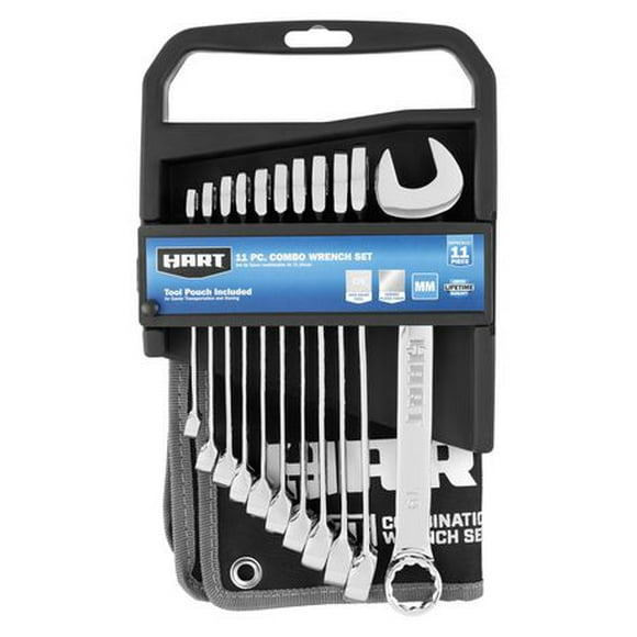 HART 11-Piece MM Combination Wrench Set with Tool Pouch, Chrome Vanadium, Limited Lifetime Warranty