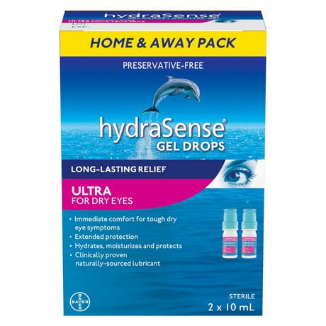 hydraSense Ultra Eye Gel Gouttes pour les yeux secs - Gouttes pour les yeux sans conservateur, gouttes de gel pour un confort immédiat et une protection prolongée, soulagement des yeux secs, d'origine naturelle, peuvent être utilisées avec des contacts 2x10 ml