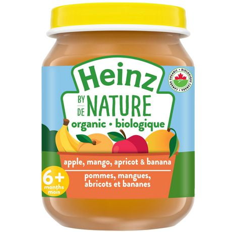 Aliments biologiques pour bébés Heinz de Nature – Pommes, mangues, abricots et bananes en purée 128 ml