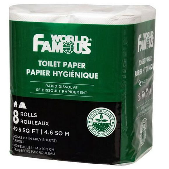 Papier Toilette Biodégradable à Dissolution Rapide de World Famous Biodégradable - 8 Rouleaux de 400 Feuilles 1 Pli