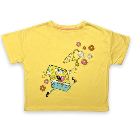 Sponge Bob Girl's fahshion tee shirt. This stylish cropped girls tee is trending a drop shoulder with short sleeves and