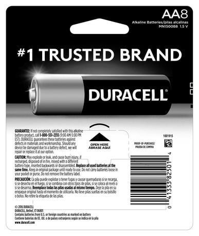 Duracell 1.5V Coppertop Alkaline, AA Batteries, 8 Pack