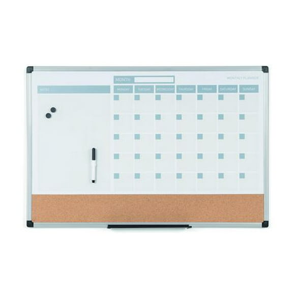 MasterVision 3-in-1 Dry-Erase Calendar Planner Board, 24" x 36", Silver Frame, Bulletin Board, Whiteboard and Planning Board