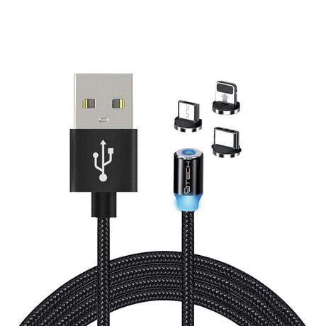 Câble de charge universel CJ Tech pointe magnétique 3 en 1 Micro USB, Type C et Lightning Non MFI avec lumière LED 6 pi - Noir