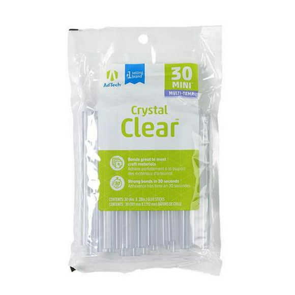 AdTech Crystal Clear Glue Sticks (W220-34ZIP30) – Mini Size, Crystal Clear, Hot Glue Gun  All-purpose glue sticks for crafting, scrapbooking & more. Pack of 30, 4” long and .28 Diameter hot glue sticks., AdTech Crystal Clear Mini Glue Sticks bond to virtually all materials whether its paper, metal, plastic, wood, fabric, ceramic, foam, lace, ribbon, synthetic fabric, and more! It bonds in as little as 30 seconds and dries clear. Length: 4 inches, Diameter: .28 inches.