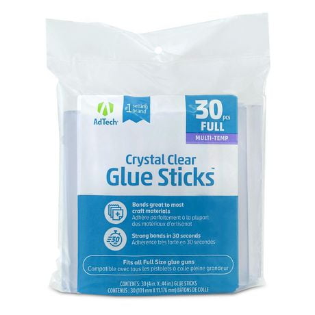 AdTech Crystal Clear Glue Sticks (W220-14ZIP30) – Full Size, Crystal Clear, Hot Glue Gun Sticks. All-purpose glue sticks for crafting, scrapbooking & more. Pack of 30, 4 inches long, 0.44 inches diameter hot glue sticks., AdTech 4” Standard Hot Glue Sticks bond to almost any material whether its paper, metal, plastic, wood, fabric, ceramic, foam, lace, ribbon, synthetic fabric, and even glass! It bonds in as little as 30 seconds and dries clear. Length: 4 inches, Diameter: .44 inches.