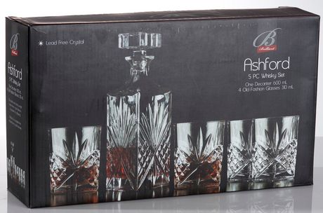 Whisky Decanter and Whisky Glasses Brilliant Ashford Lead Free Crystal 5 Piece Whisky Set