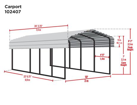 Steel Carport 10 X 24 X 7 Ft Galvanized Black Charcoal Walmart