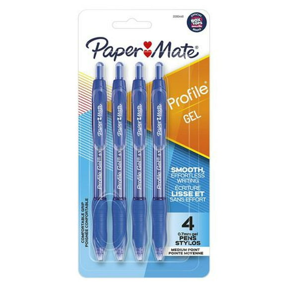 Paper Mate stylo gel, pointe moyenne 0,7mm, bleu, paq. de 4 Stylo rétractable