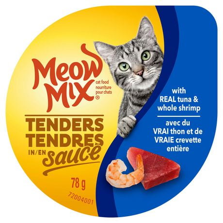 Meow Mix Nourriture pour Chats Tendres en Sauce avec du Vrai Thon et de Vraie Crevette Entière 78 g Meow Mix TIS Thon Crevette