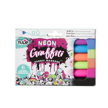 Tulip Graffiti Fabric Markers Bullet Tip 6 Pack Neon, Permanent Fabric Markers