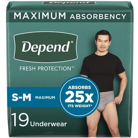 Depend Fresh Protection Incontinence Underwear for Men, Maximum, S/M, Grey, 19Ct, 17 - 19 Count