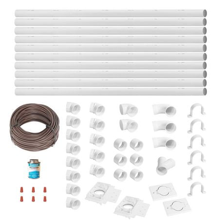 The 2-inlet installation kit provides all the installation materials required to install two inlets in a home. The piping and elbows in this kit is standard and can be use for installations on most central vacuum brands sold in the marketplace today