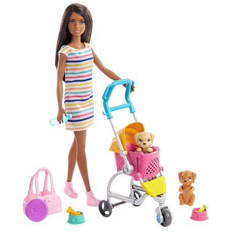 Barbie Stroll ‘n Play Pups Playset with Brunette Barbie Doll, 2 Puppies