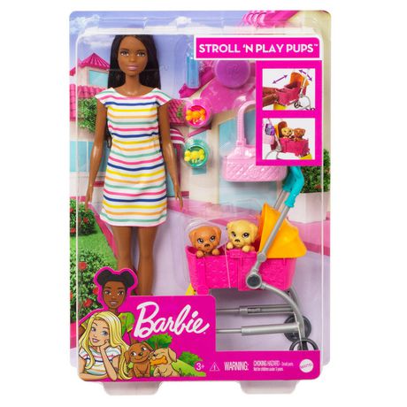 Barbie Stroll ‘n Play Pups Playset with Brunette Barbie Doll, 2 Puppies