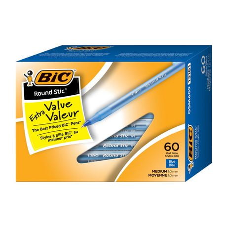 BIC Round Stic Extra Value Blue Ballpoint Pens, Medium Point (1.0 mm), 60-Count Pack of Bulk Pens, Flexible Round Barrel for Writing Comfort