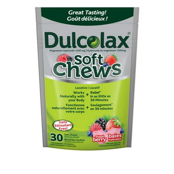 Dulcolax Soft Chews, mélange de baies, fiable, prévisible et doux, un laxatif pour un soulagement rapide de la constipation occasionnelle, sans stimulant, sans gluten, pour adultes et enfants de 12 ans et plus 30 compte