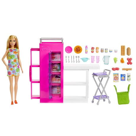 Barbie Doll and Ultimate Pantry Playset, Barbie Kitchen Add-On with 30+ Food-Themed Pieces, Ages 3+