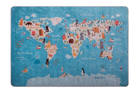 Animal And World Map Area Rug Blue Red, Map Area Rug