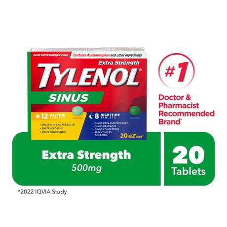 Tylenol Extra fort, Sinus, Duo pratique Jour/Nuit, soulage la congestion des sinus et autres symptômes sinusaux 20 unités