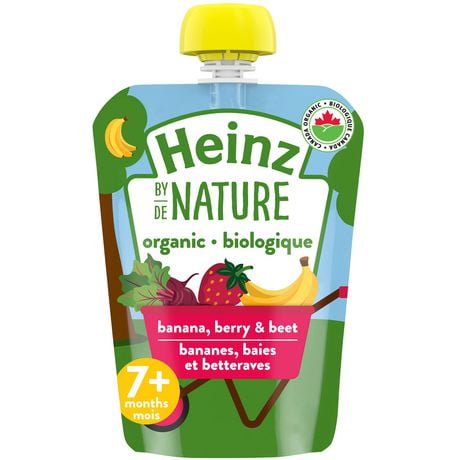 Aliments biologiques pour bébés Heinz de Nature – Bananes, baies et betteraves en purée 128 ml