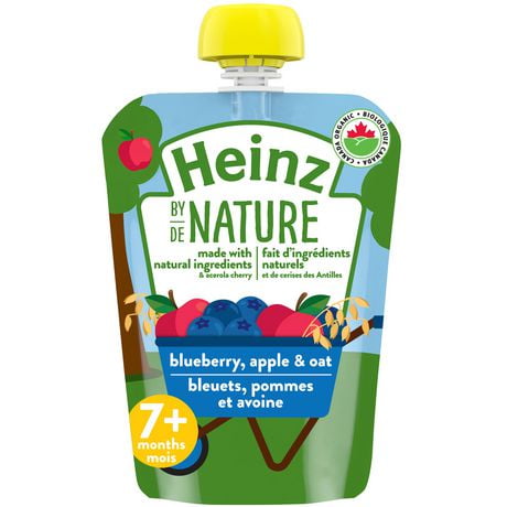 Aliments biologiques pour bébés Heinz de Nature – Bleuets, pommes et avoine en purée 128 ml